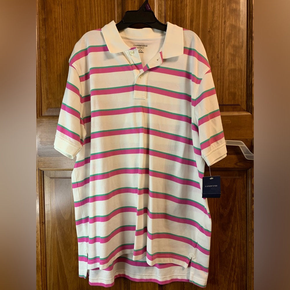NWT Men’s Lands End Polo shirt pink/teal stripes- perfect for easter. Size large